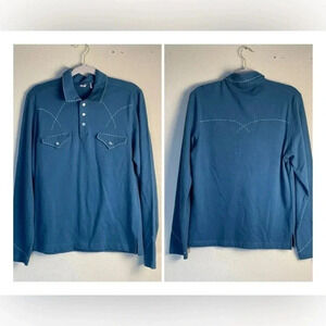 FRX Sz Small Western Shirt 1/4 Button Pearl Snap Stitching Brushed Cotton Blue